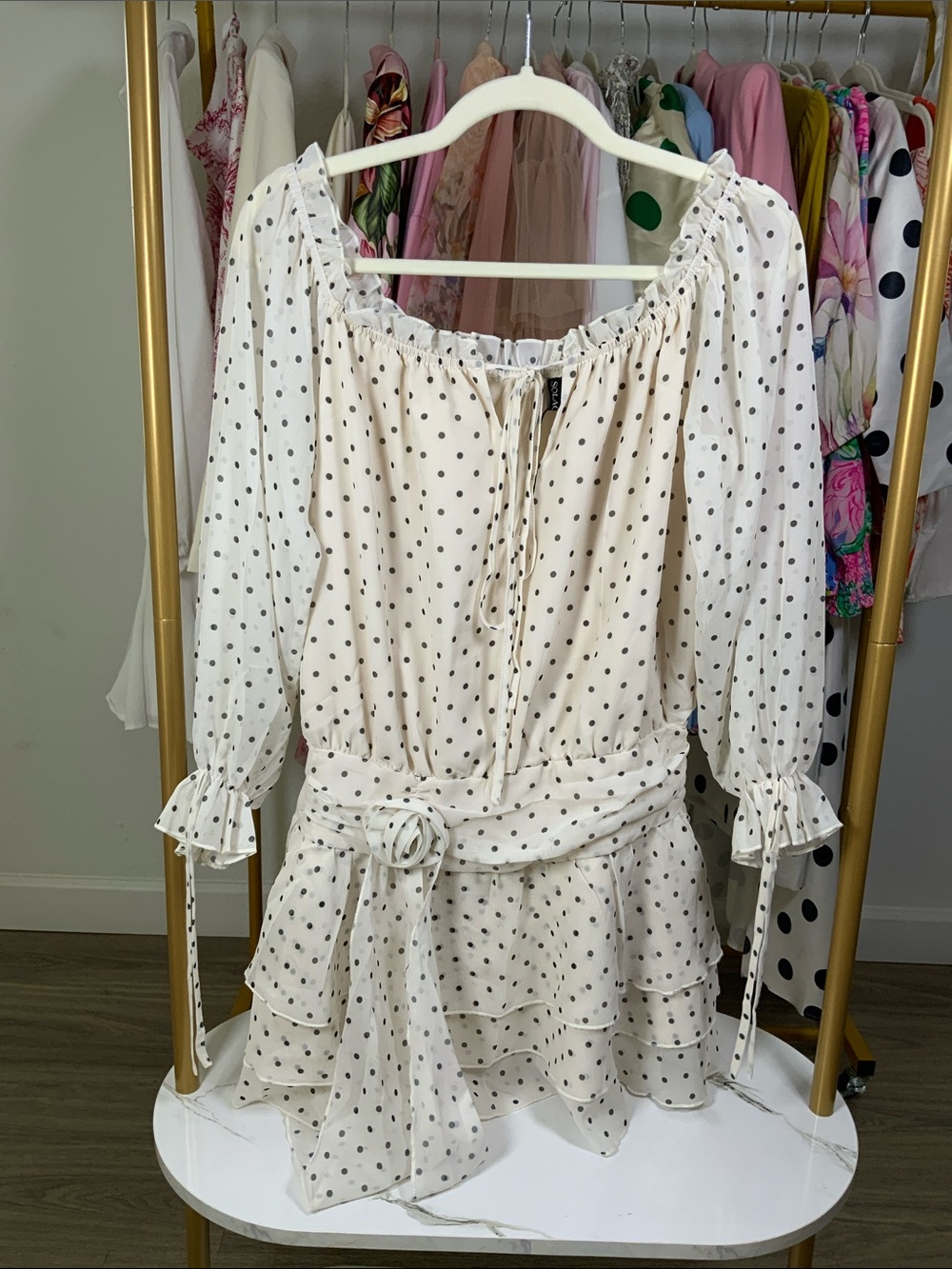 Girls' Cream Polka Dot Tiered Dress with Belt - Picture 9 of 16